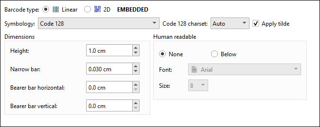 An example configuration for a Code 128 barcode.